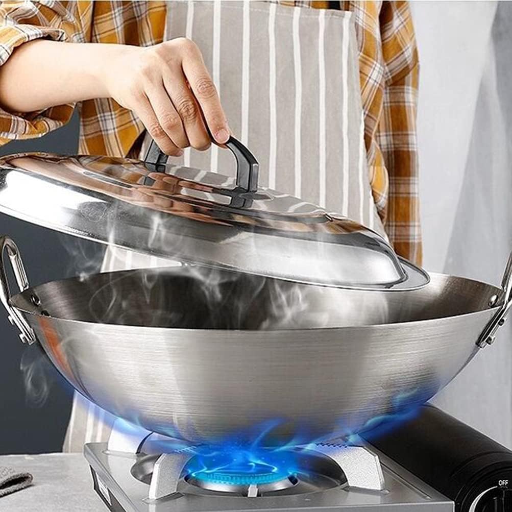 BESTonZON Edelstahl Wok Chinesische Pfanne Pan mit Griff Bratpfanne Induktion Wokpfanne Stielpfanne