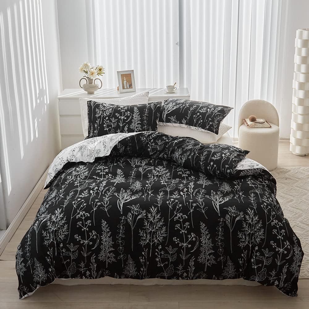 Damier Bettwäsche 135x200 Weiss Schwarz Blumen Blätter Motiv Wende Bettwäsche Weich Kuschelig Bettbe