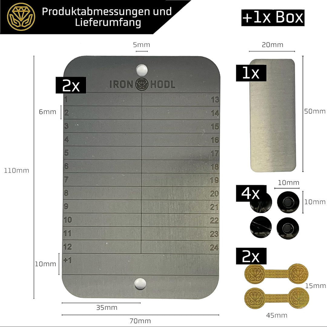 IRON HODL Steel Wallet + Gravierstift silber + Testplatte, Schrauben, Sticker, Box - (2x 24+1) Recov