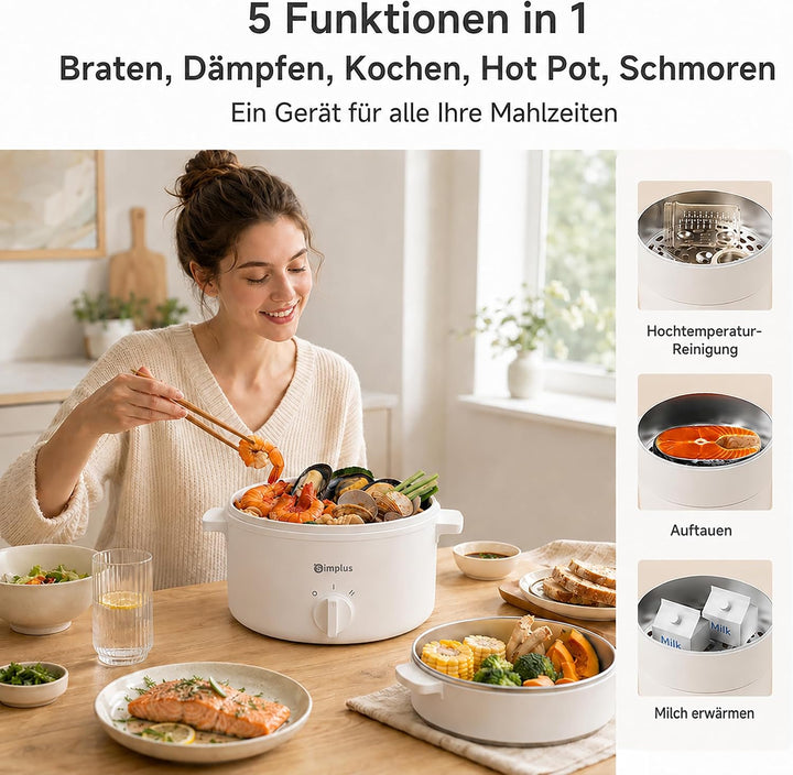 SIMPLUS Elektrischer Hot Pot 1,8 L mit Edelstahl-Dampfgarer, 600 W Elektrokochtopf mit Antihaftbesch