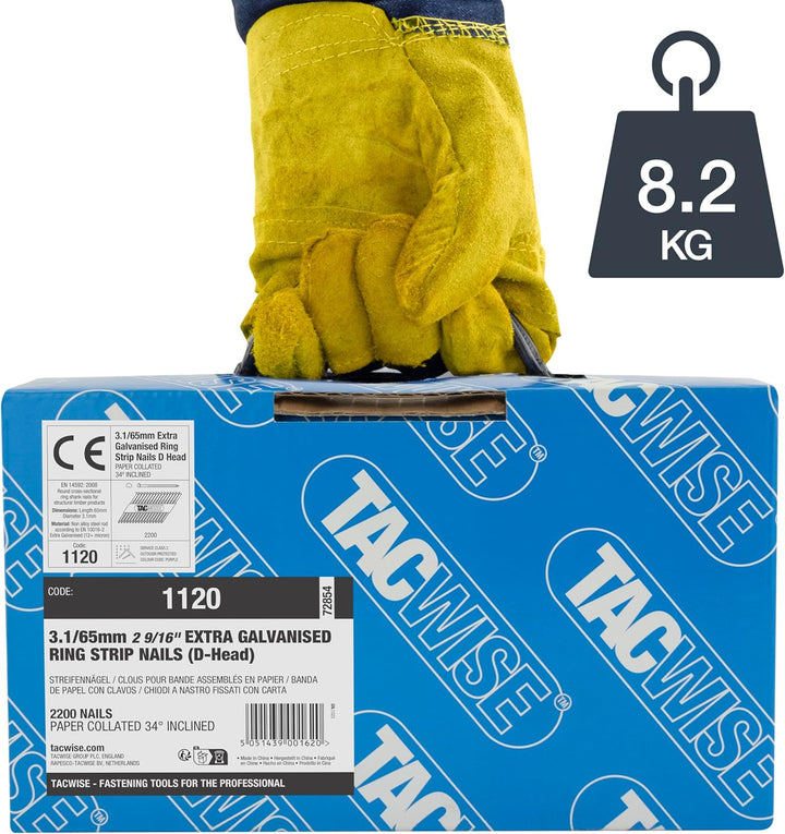 TACWISE 1120 Extra verzinkte Rahmennägel, 3,1/65 mm, D-Kopf, Ringschaft, 34°-Neigung, papiergebunden