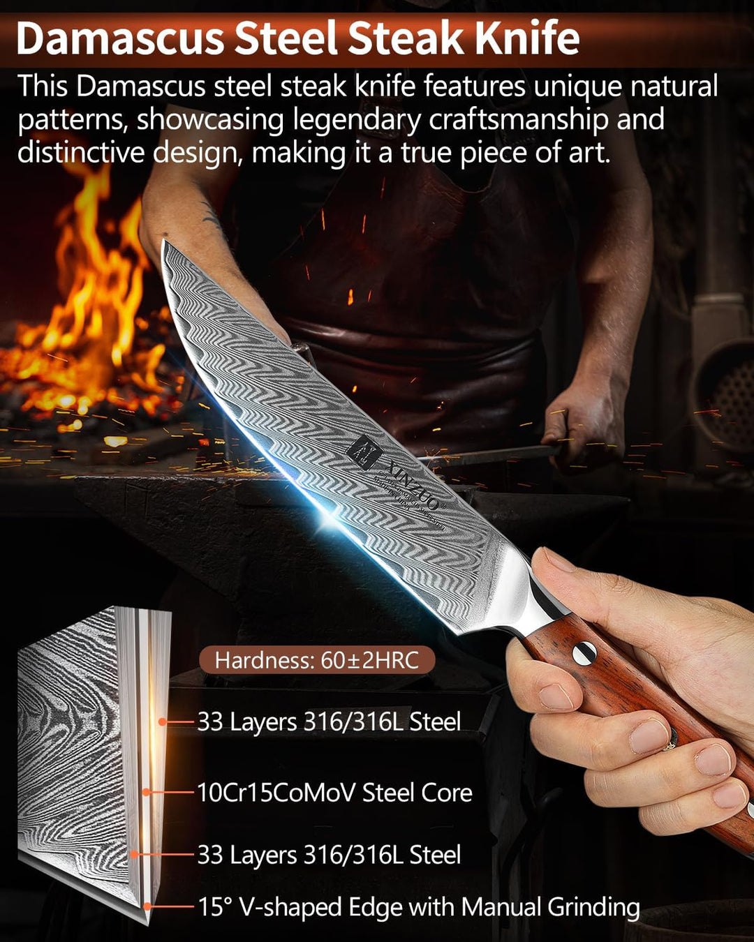 XINZUO Damaststahl 4-teilig Steakmesser Set, 12.7cm Premium Besteckmesser Set Scharfe Steakbesteck K