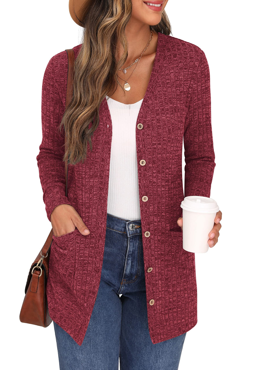GRECERELLE Damen Leichte Strickjacke Lang mit Taschen und Knöpfen Long Elegant Cardigan V-Ausschnitt