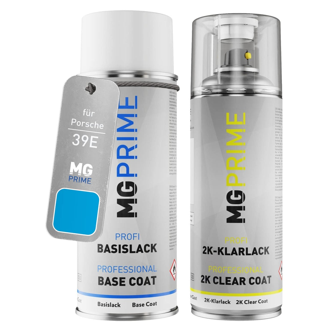 MG PRIME Autolack 2K Spraydosen Set für Porsche 39E / S8 Rivierablau/Riviera Blue Basislack 2 Kompon