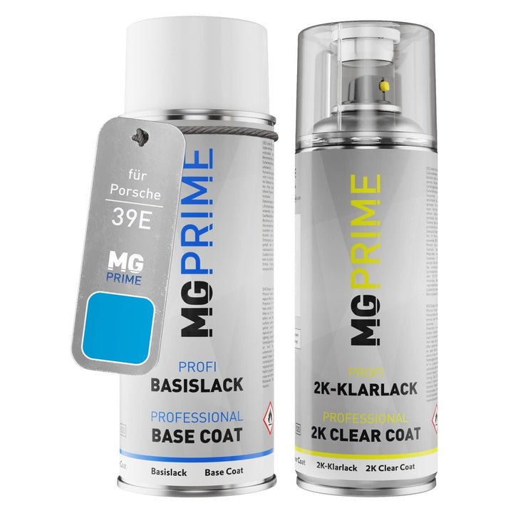 MG PRIME Autolack 2K Spraydosen Set für Porsche 39E / S8 Rivierablau/Riviera Blue Basislack 2 Kompon