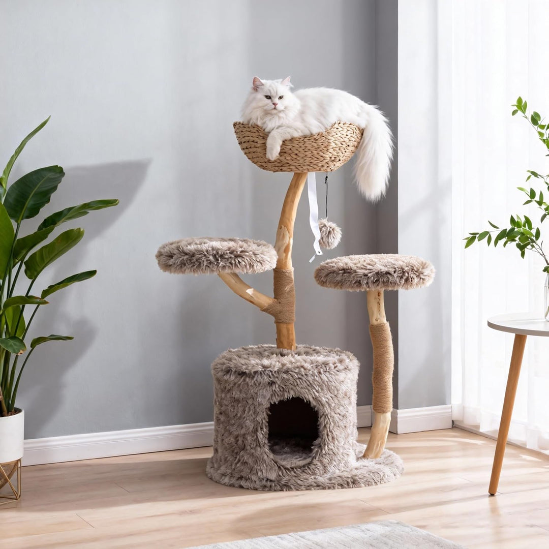 SOARS Kratzbaum Holz, 105 cm Katzenbaum mit Weidenkorb, Höhle, 2 Plattformen und Plüschball, Katzenk
