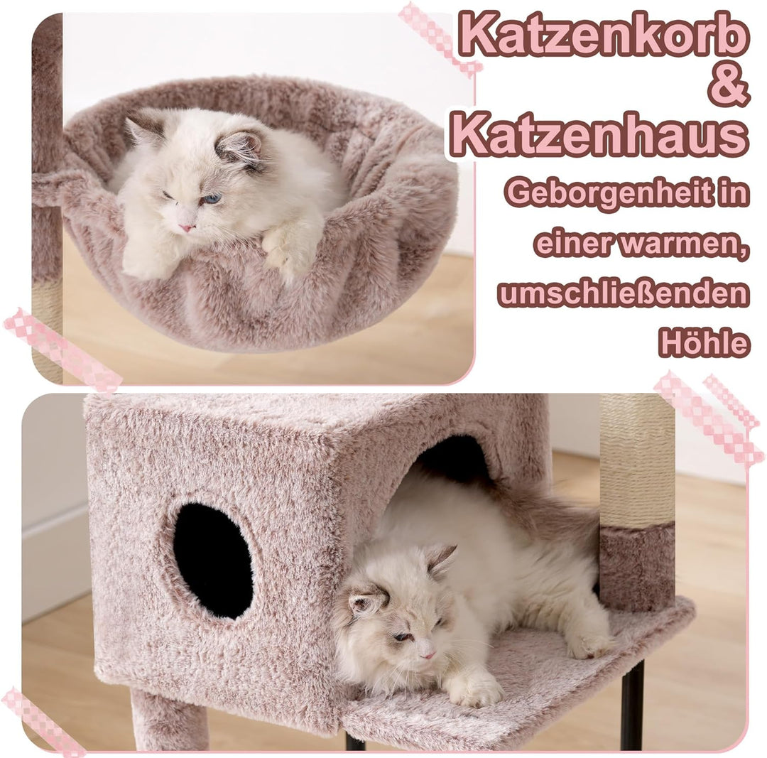 Heybly Kratzbaum, 125 cm Kleiner Katzenbaum, Geräumiges und Bequemes Kratzbaum mit Höhle, Oben Sitzs