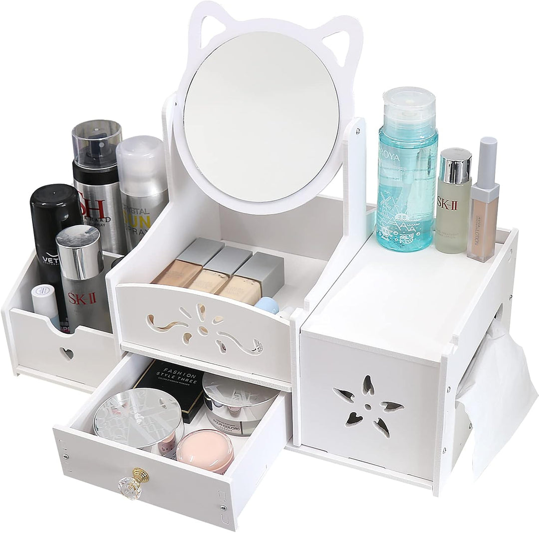 LEcylankEr Cosmetic Organizer, Schminktisch Organizer mit Spiegel, Multifunktionaler Desktop Kosmeti
