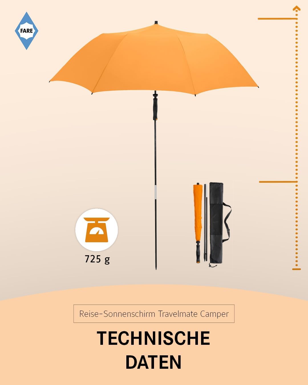 FARE Reise-Sonnenschirm Travelmate Camper UV Schutz 50+ für Koffer Flugzeug Camping Balkon Strand Ga