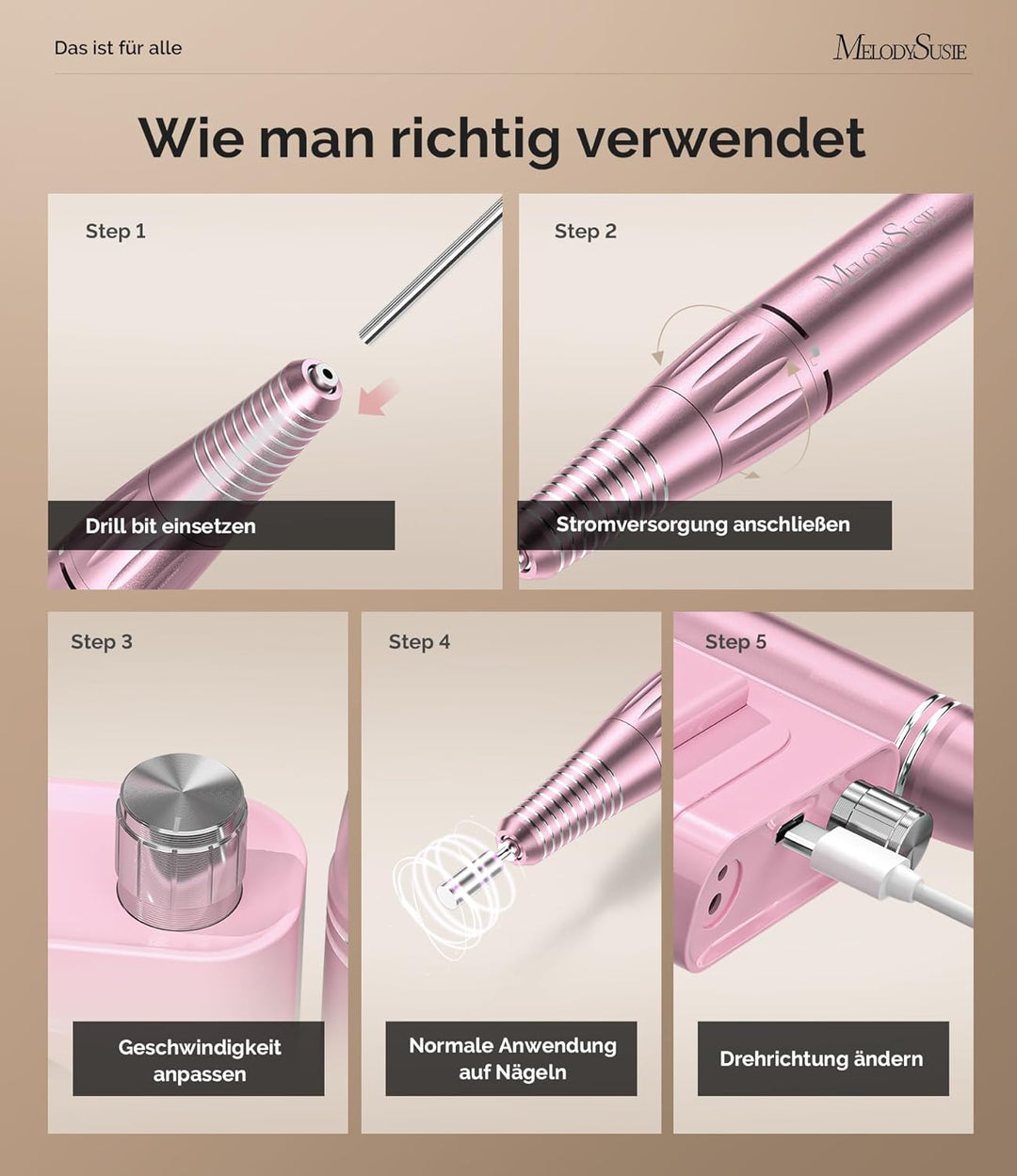 MelodySusie SC300F Professioneller Aufsteckbarer Nagelfräser, Wiederaufladbare Elektrische Nagelfeil