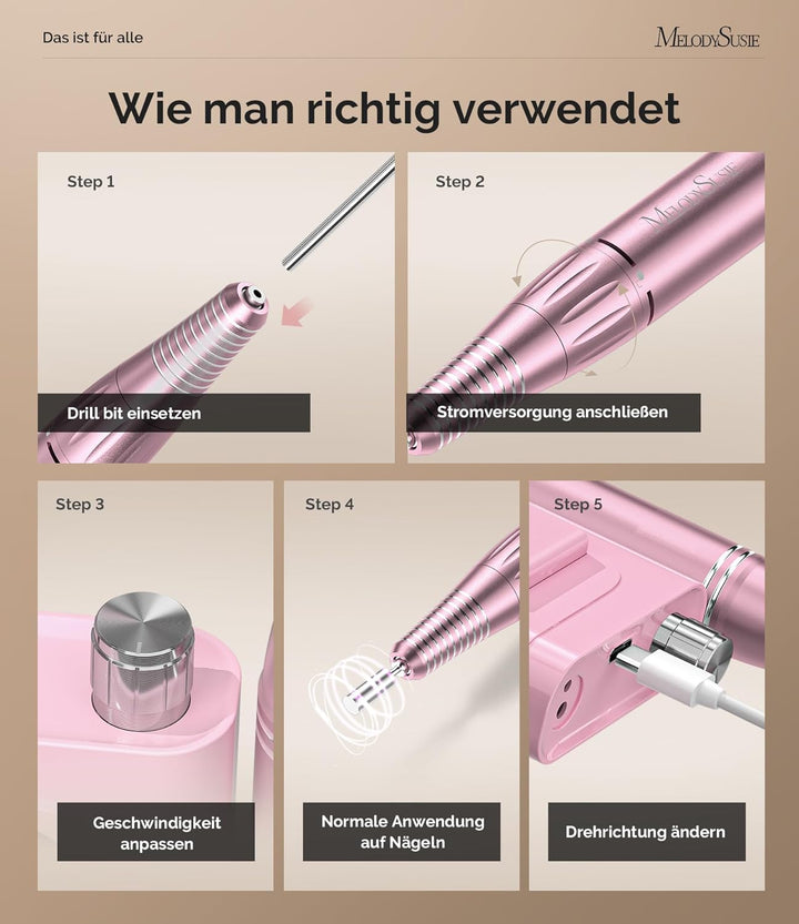 MelodySusie SC300F Professioneller Aufsteckbarer Nagelfräser, Wiederaufladbare Elektrische Nagelfeil