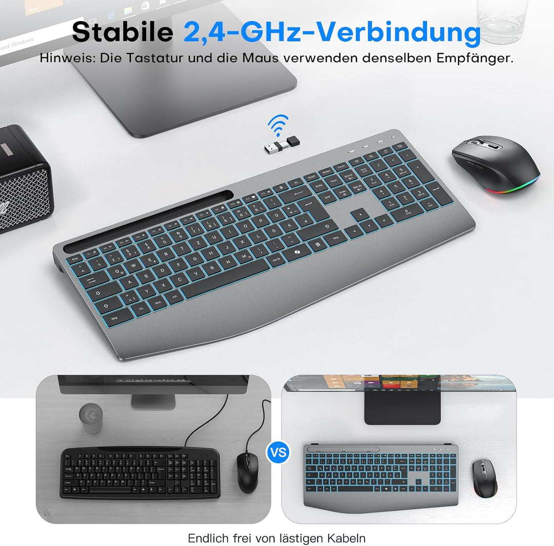 OMOTON Kabellose Tastatur und Maus Set – 2,4GHz Ergonomische Tastatur Beleuchtet mit Handballenaufla