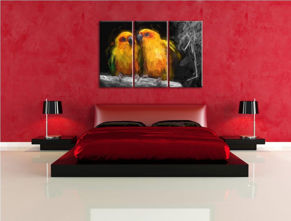 Dark zwei niedliche Sonnensittiche schwarz/weiss Deluxe 3-Teiler Leinwandbild 120x80 Bild auf Leinwa
