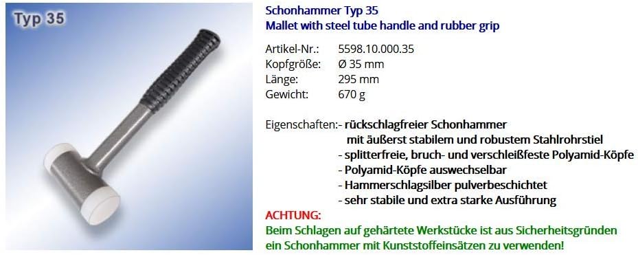 Rückschlagfreier Schonhammer Typ 35 | Schlosserhammer mit Stahlrohrstiel | Polyamid-Köpfe Ø 35 mm |