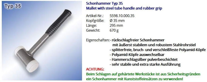 Rückschlagfreier Schonhammer Typ 35 | Schlosserhammer mit Stahlrohrstiel | Polyamid-Köpfe Ø 35 mm |