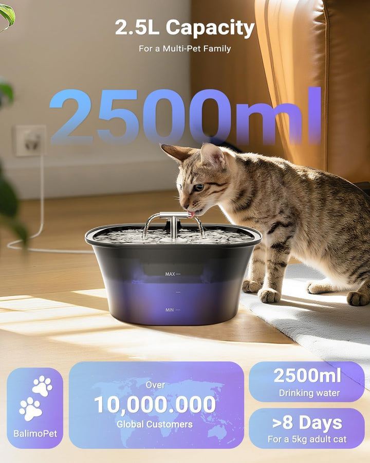 Katzenbrunnen, 2,5L Trinkbrunnen für Katze, Ultra Leise Wasserbrunnen für Katzen mit LED und Aktivko