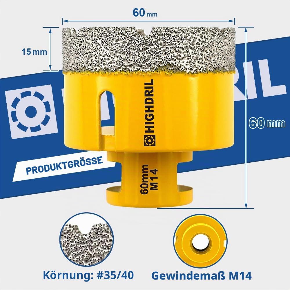 HIGHDRIL Diamant Bohrkrone - 60mm Lochsäge Fliesen M14 Gewinde für Porzellan Fliese Keramik Granit M