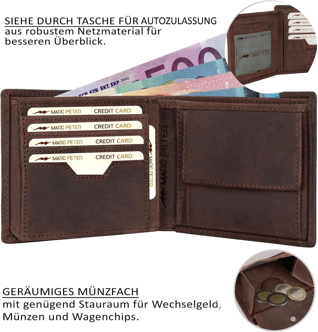 Marc Peter Oslo Geldbörse Herren Leder Braun mit RFID Schutz I Echtleder Portemonnaie Gross I 13 Fäc