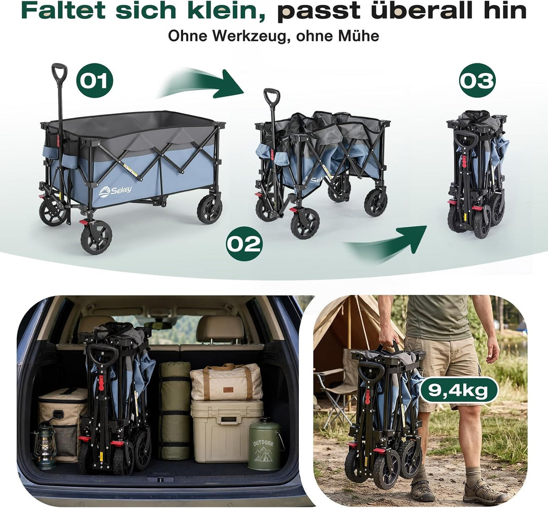 Sekey XXL Plus Bollerwagen Faltbar 200L 200KG Tragkraft, Faltbarer Bollerwagen Geländetauglich mit B