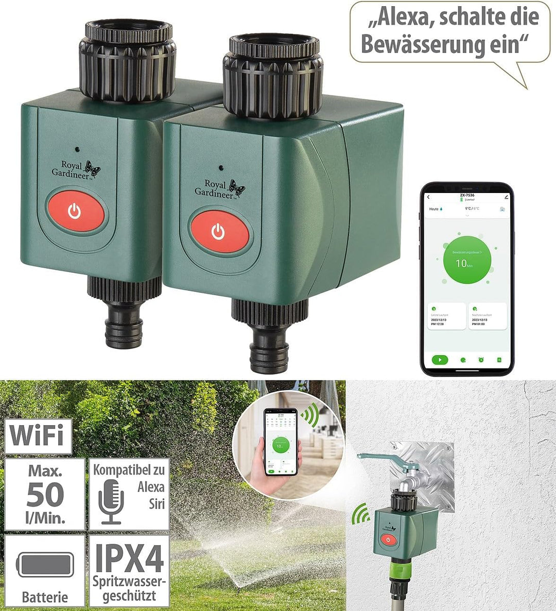 Royal Gardineer Elesion Bewässerung: 2er-Set WLAN-Bewässerungscomputer mit Ventil, App-Wetterdatenab