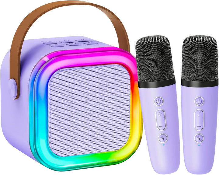 Karaoke Maschine Kinder, tragbarer Bluetooth-Lautsprecher mit LED und 2 drahtlosen Mikrofonen, kompa