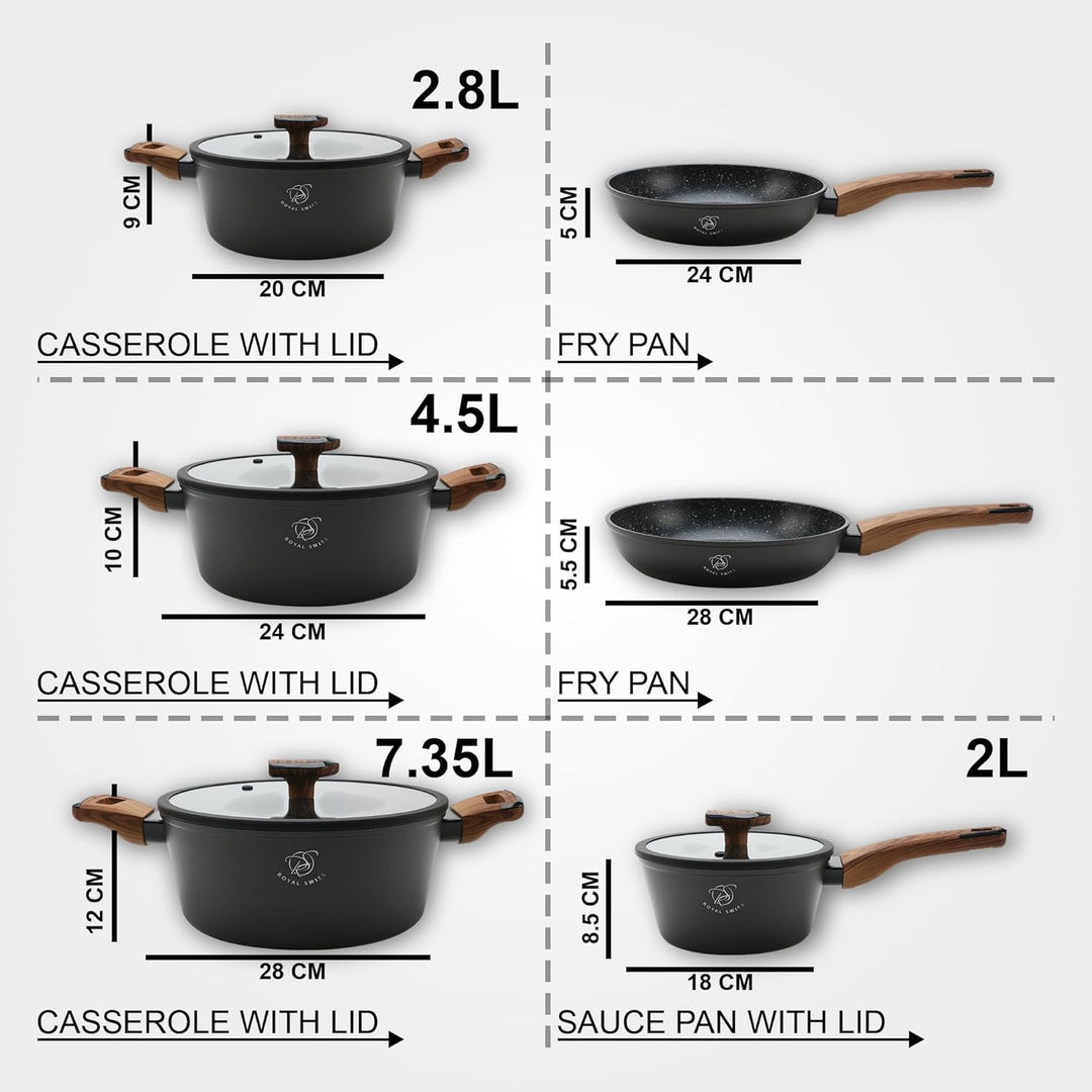 Royal Swiss® Kochgeschirr Set 10-teilig – Töpfe & Pfannen mit abnehmbaren Griffen – Marmor Antihaftb
