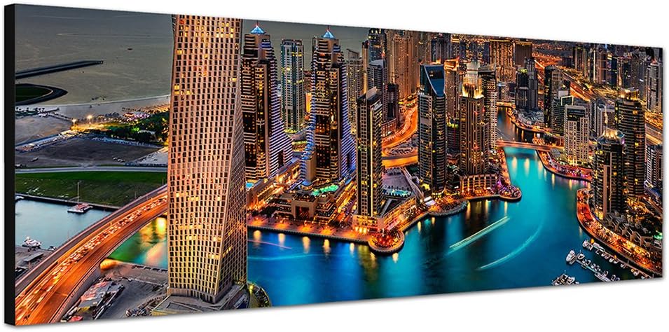 Paul Sinus Art Panoramabild auf Leinwand und Keilrahmen 150x50cm Stadt Yachthafen Hochhäuser Meer Dä
