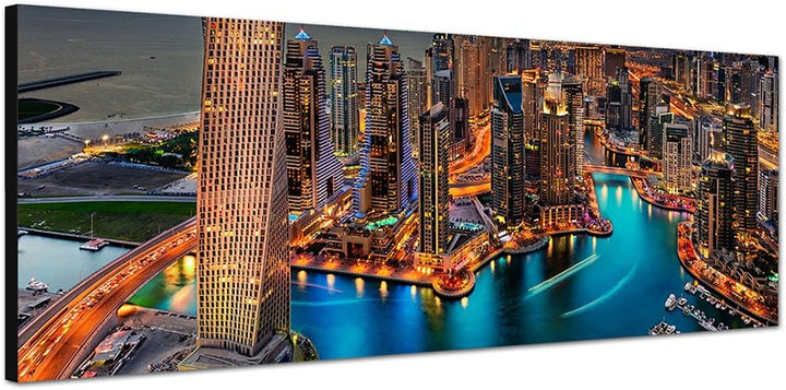 Paul Sinus Art Panoramabild auf Leinwand und Keilrahmen 150x50cm Stadt Yachthafen Hochhäuser Meer Dä