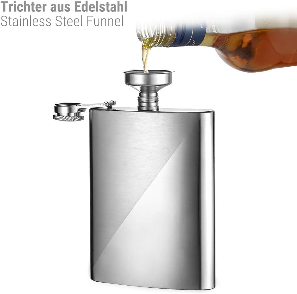 ecooe Edelstahl Flachmann 227ml/8oz mit Trichter und Braun Kunstledertasche, Whisky Flachman Set