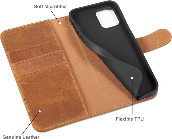 LENSUN Echtleder Hülle für iPhone 12, iPhone 12 Pro 5G Handyhülle [Echtes Leder][Magnetverschluss][R