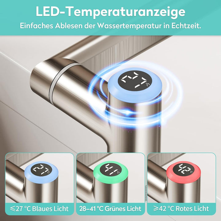KAIYING 1080° Drehbare Wasserhahn Bad mit Filter &amp; Temperaturanzeige Gebürstetes Nickel LK2915D mit