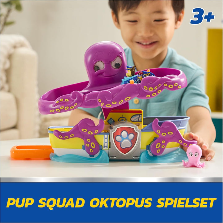 PAW PATROL Pup Squad - Oktopus Spielset mit Rennstrecke, Rampe, Chase Pup Squad Racer und Baby-Tinte