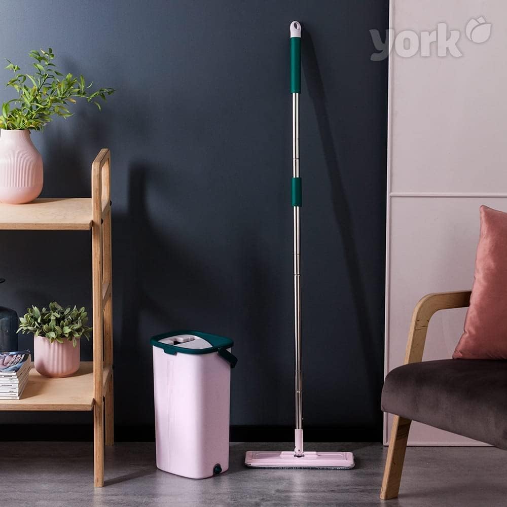 York Wischmopp Set mit Eimer &amp; Auswringfunktion, Mikrofaser | Freihändiger Flachwischer für Nass- un