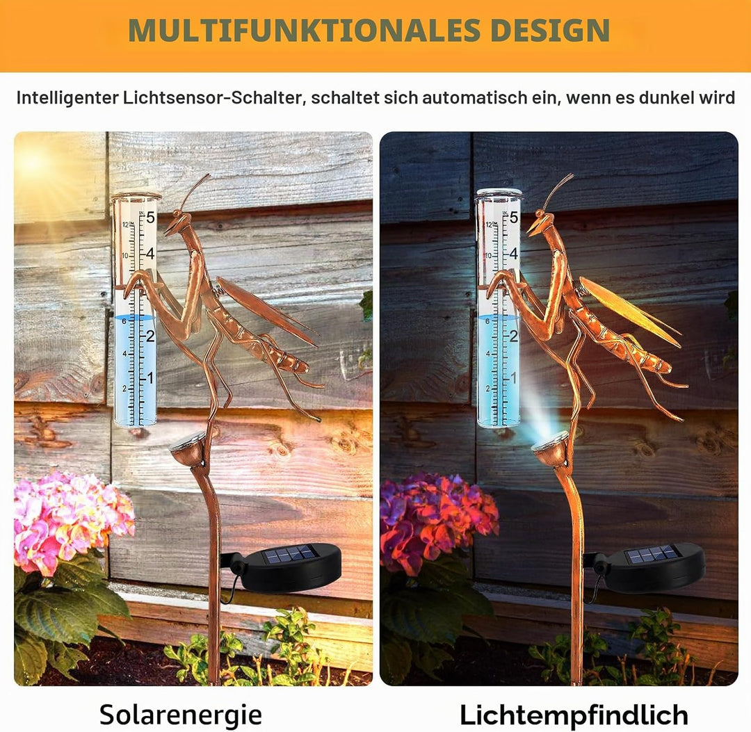 BORDEAG Solar Regenmesser für Garten mit Erdspiess und LED, Solarbetriebener Regenmesser, Dekorative