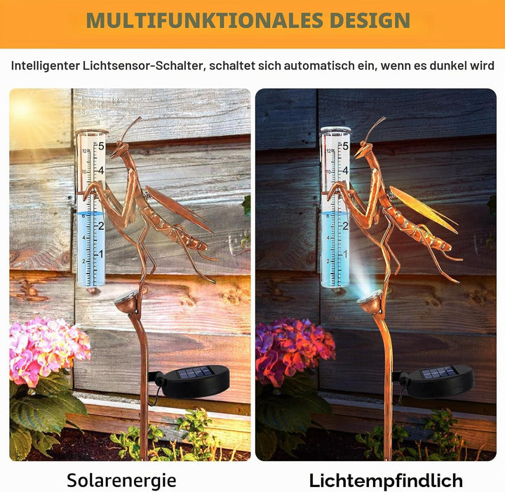 BORDEAG Solar Regenmesser für Garten mit Erdspiess und LED, Solarbetriebener Regenmesser, Dekorative