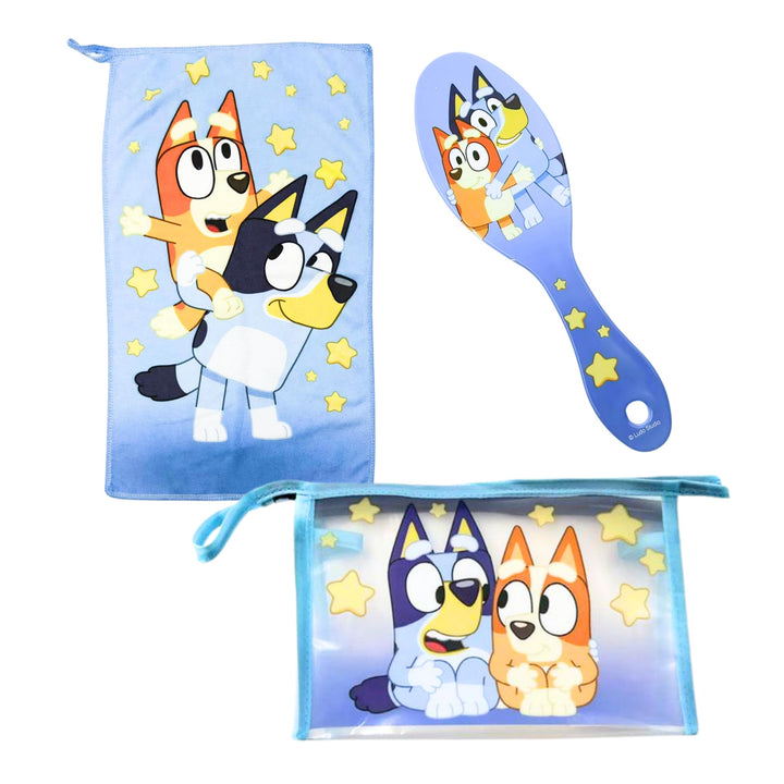 Bluey Kulturbeutel für Kinder, Design Bluey und Bingo Inklusive Haarbürste, Handtuch, Geldbörse, PVC