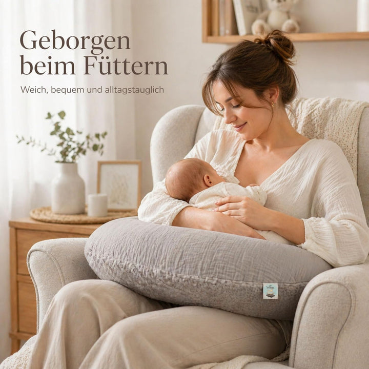 sei Design Stillkissenbezug 4-lagiger Musselin Teddyplüsch XXL 190 x 35 cm Grau – GOTS Bio-Baumwolle