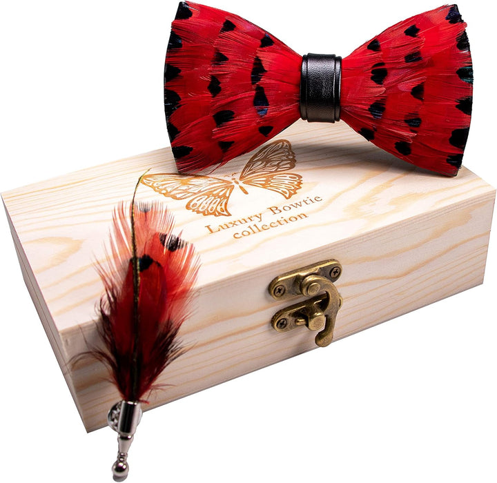 JEMYGINS Handgemacht Hochzeit Party Leder Feder Fliege mit Geschenkbox Set für Herren Rote / schwarz