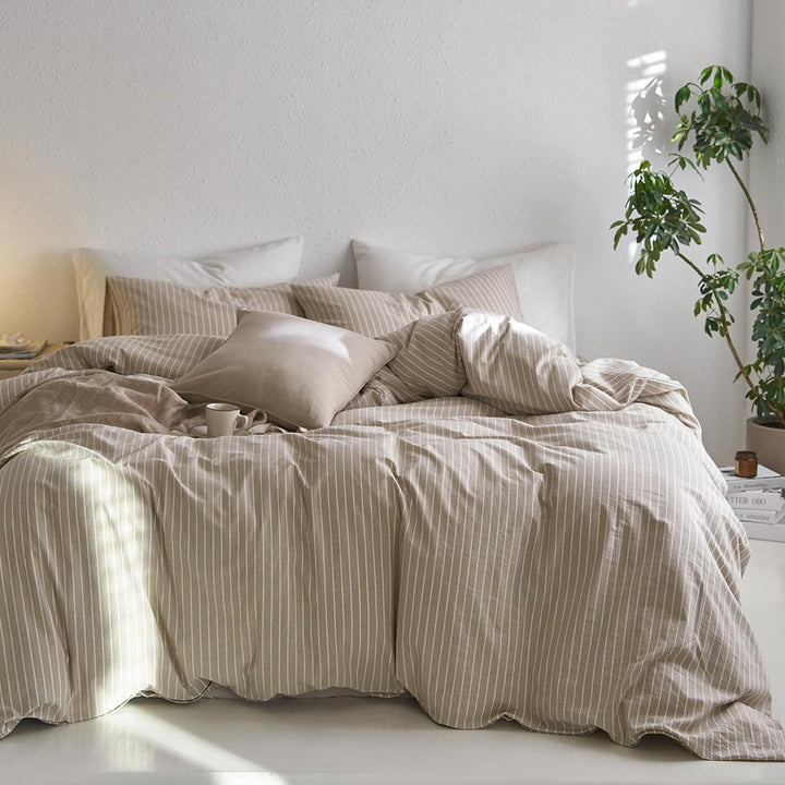 Sedefen Bettwäsche 200x220 cm Baumwolle Khaki Taupe Gestreift Baumwollbettwäsche Set,Renforce Bettbe