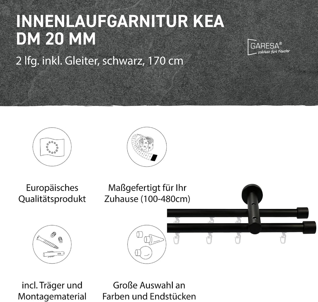 Garesa Gardinenstange Kea Ø 20mm, 2-läufig, Schwarz I Aluminium Vorhangstange inkl. Gleiter I Endkno