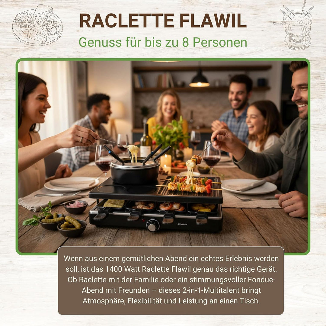 Syntrox Raclette Fondue 2in1 für 8 Personen, 1400 W, antihaft Grillplatte, 8 Pfännchen, 1,4 l Fondue
