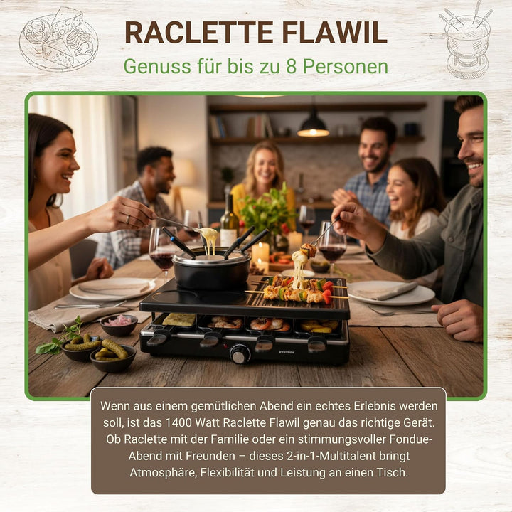 Syntrox Raclette Fondue 2in1 für 8 Personen, 1400 W, antihaft Grillplatte, 8 Pfännchen, 1,4 l Fondue