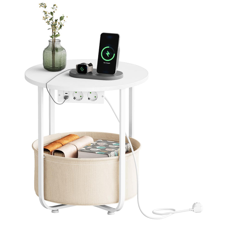 WOLTU Couchtisch rund, Kleiner Beistelltisch mit Steckdose, Abnehmbarer Korb aus Stoff, Metallrahmen