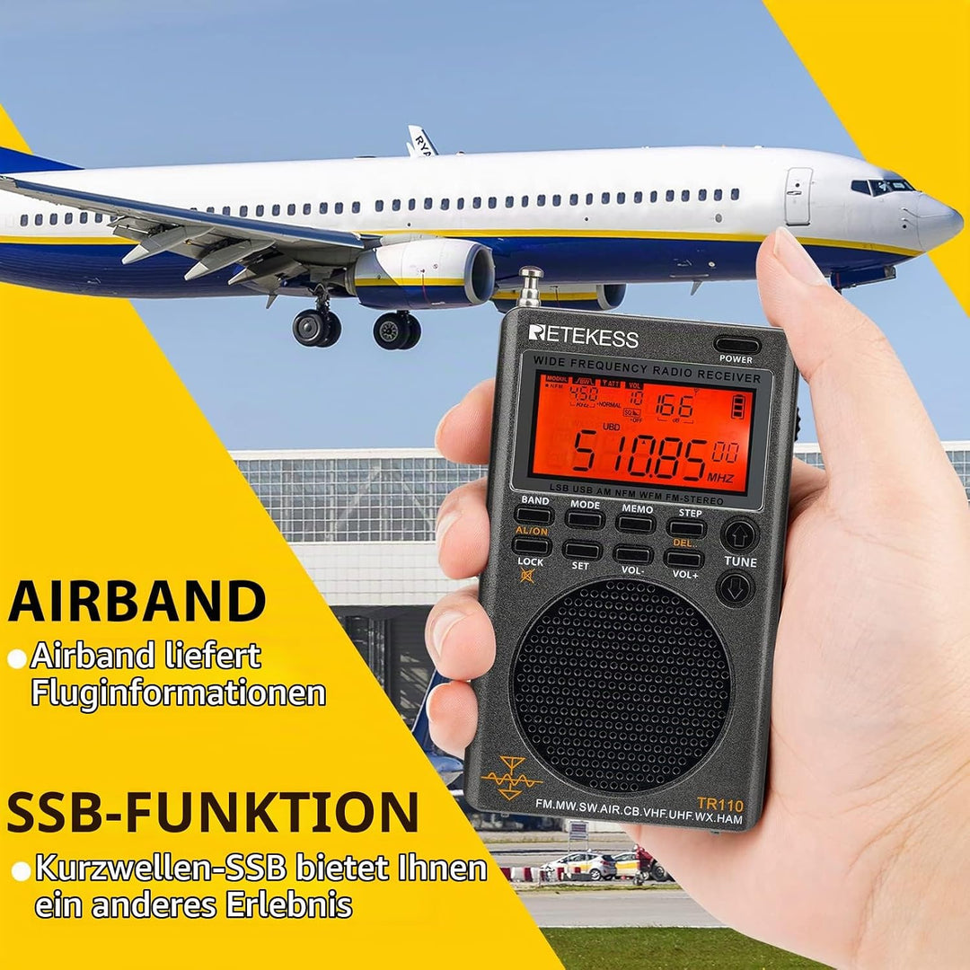 Retekess TR110 Tragbares Digitales Radio,FM MW SW SSB Air Band World Receives Radio,FM Stereo,Sleep