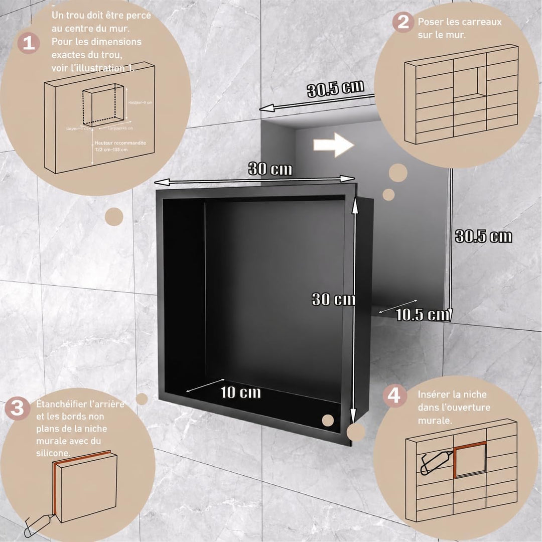 Wandmontierter Duschschrank Schwarz 30x30x10 cm Edelstahl-Duschablage mit unterputziger Basis, geeig