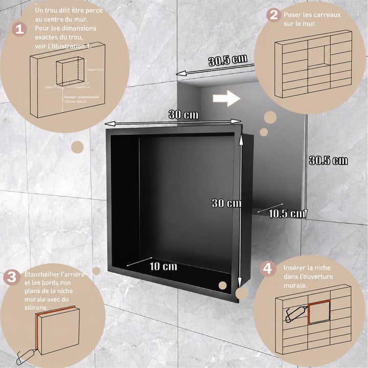 Wandmontierter Duschschrank Schwarz 30x30x10 cm Edelstahl-Duschablage mit unterputziger Basis, geeig