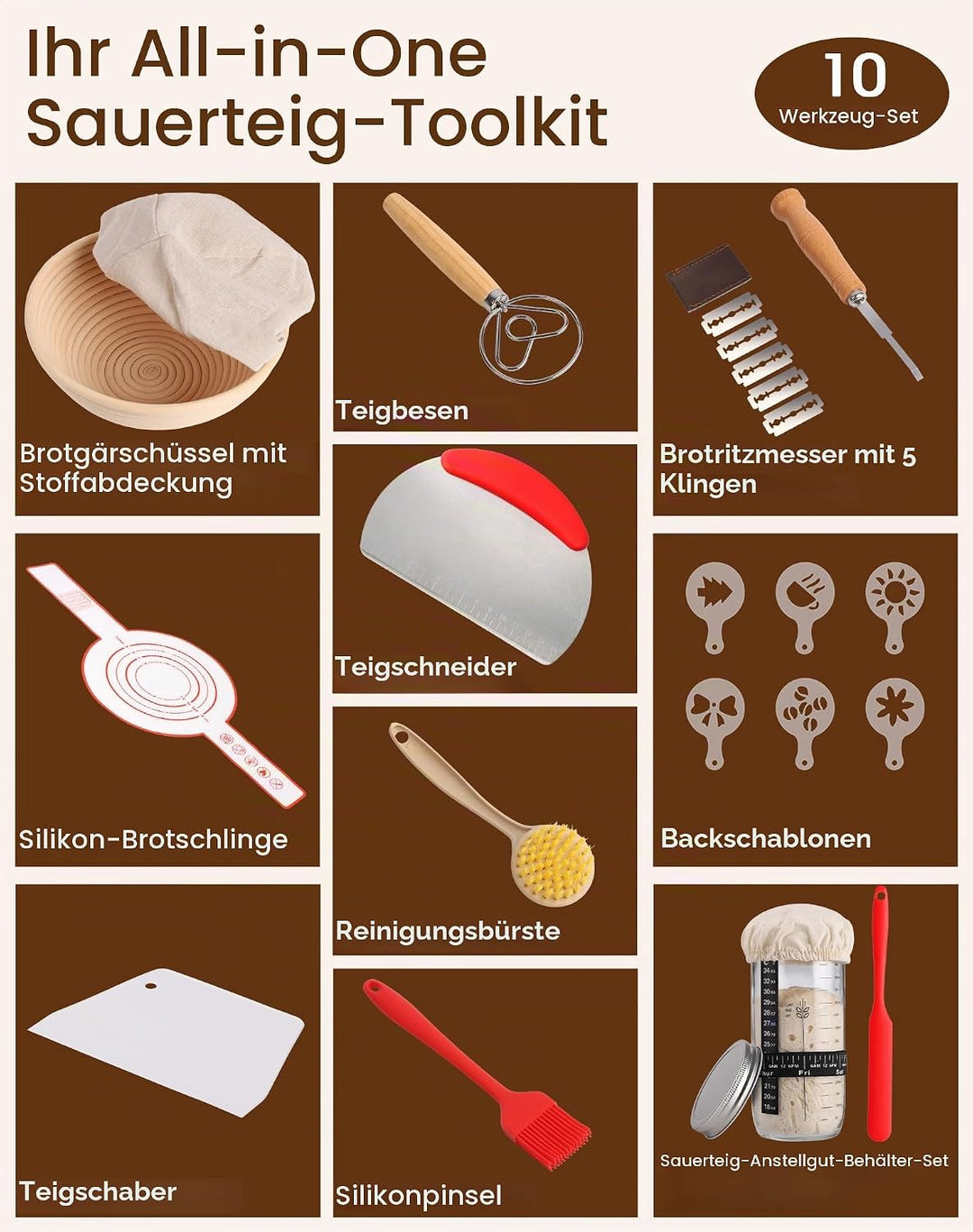 10-teilig Sauerteig Starter Set mit Gärkörbchen Rund mit Gärtuch Sowie Gärglas mit Spatel und Bäcker