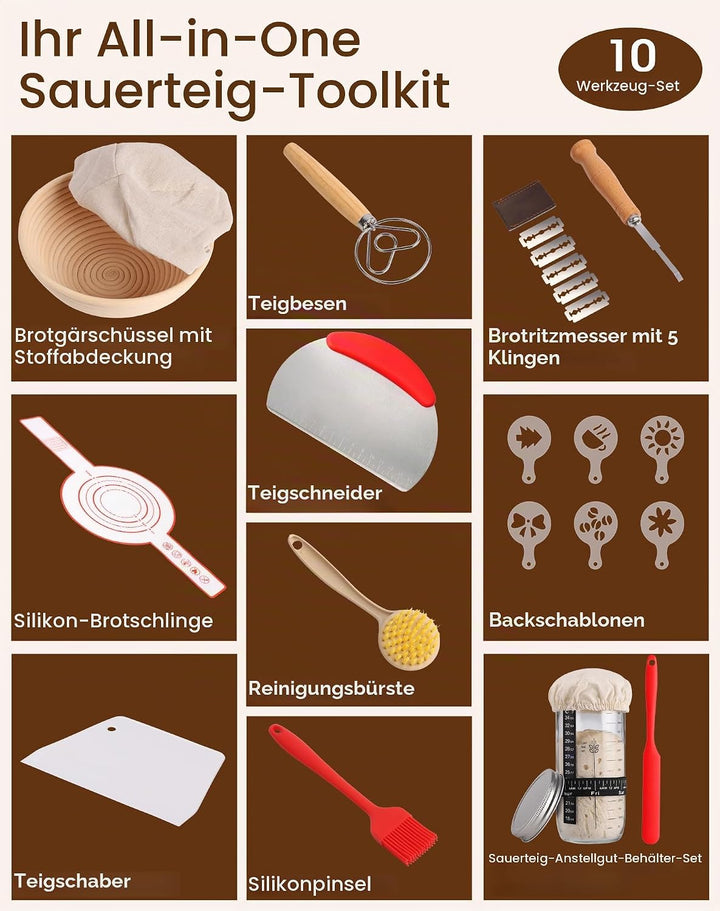 10-teilig Sauerteig Starter Set mit Gärkörbchen Rund mit Gärtuch Sowie Gärglas mit Spatel und Bäcker