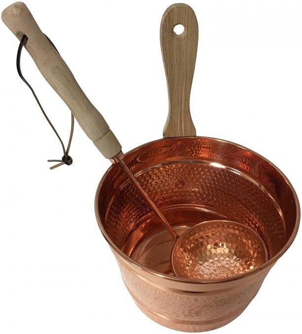 CopperGarden Saunaeimer aus blankem Kupfer mit Schöpfkelle I Schwalleimer mit Wandhalterung aus Holz