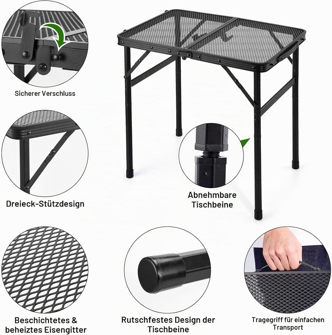 Odoland 2FT Faltbarer Campingtisch, höhenverstellbarer Grilltisch mit Mesh Desktop, Outdoor-Picknick